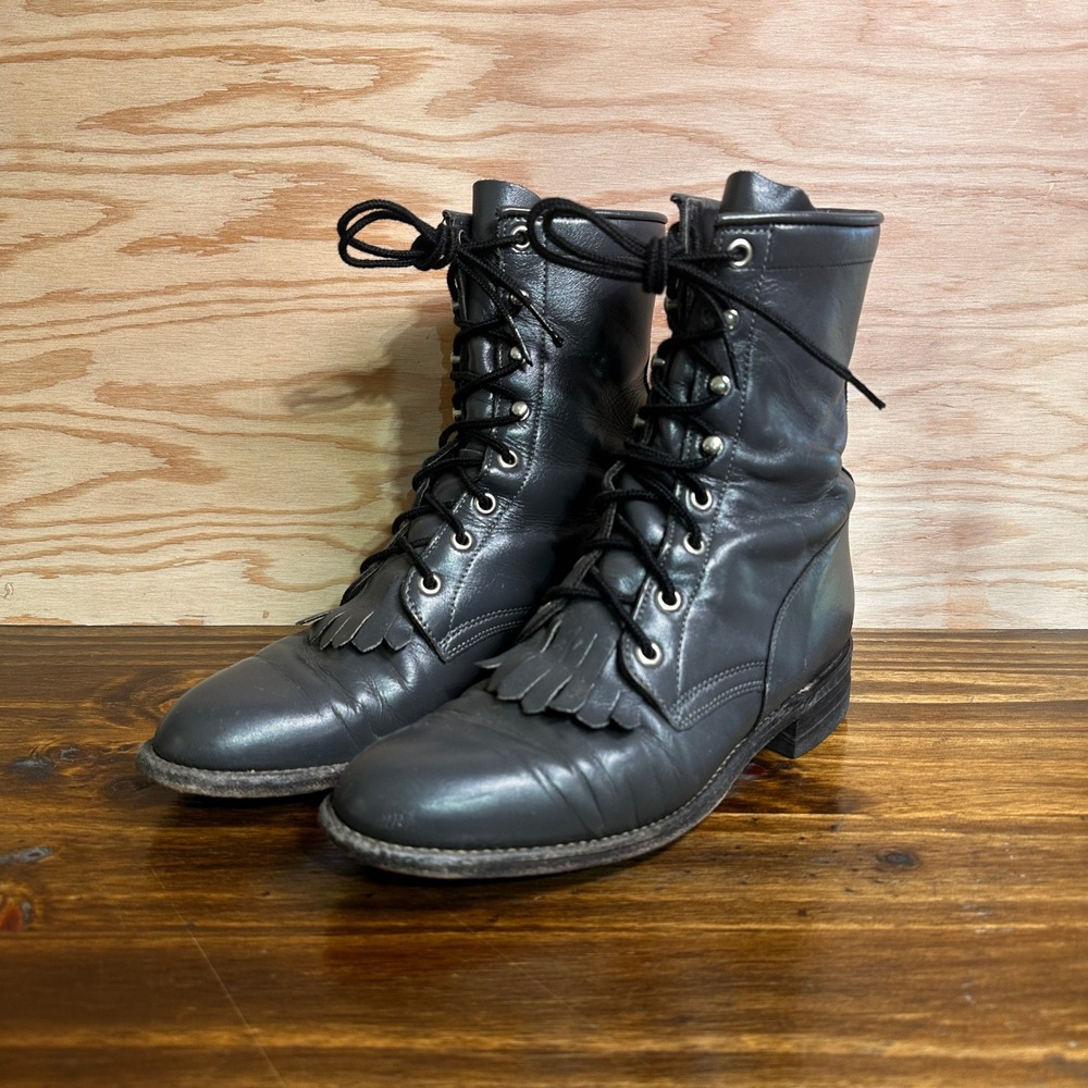 Justin Kiltie Boots Womens 7B Gray Leather Lace Up Western Made in USA L502